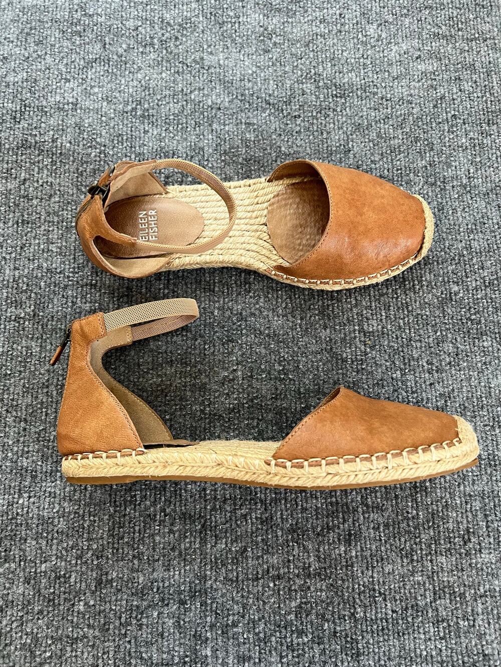 Eileen Fisher  "Lala" Tumbled Leather Espadrille Flats Tan Size 7